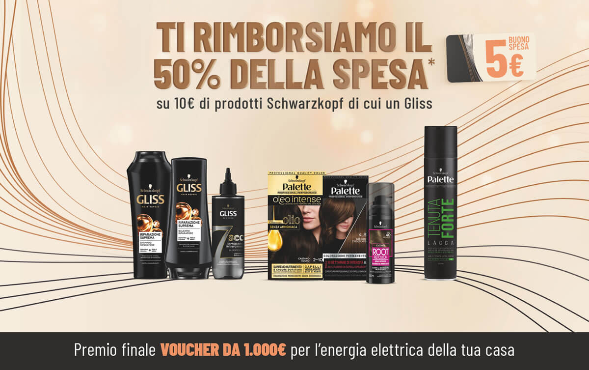 SCHWARZKOPF + 1 GLISS 10 euro prodotti - Rimborso + ESTRAZIONE - scade 06  novembre -  - Premi, cashback, omaggi